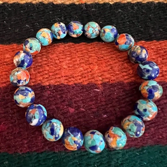 ❤️ Turquoise Spiny Oyster Lapis Composite Stretch Bracelet 12mm Sz 7 Adjustable - Picture 3 of 10